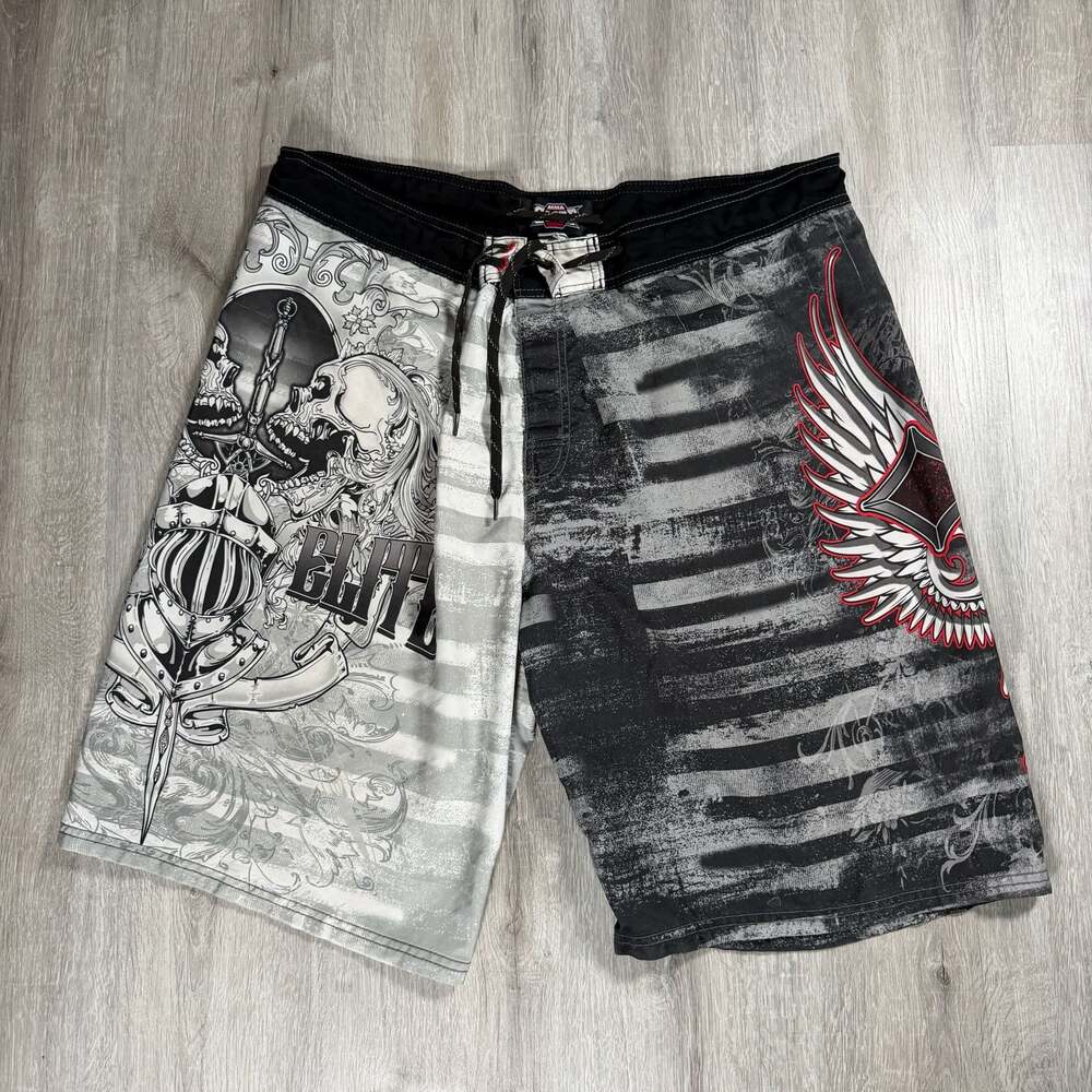 MMA Elite Men's Graphic Print Board Shorts, Skull and Cross Design XL Y2K
